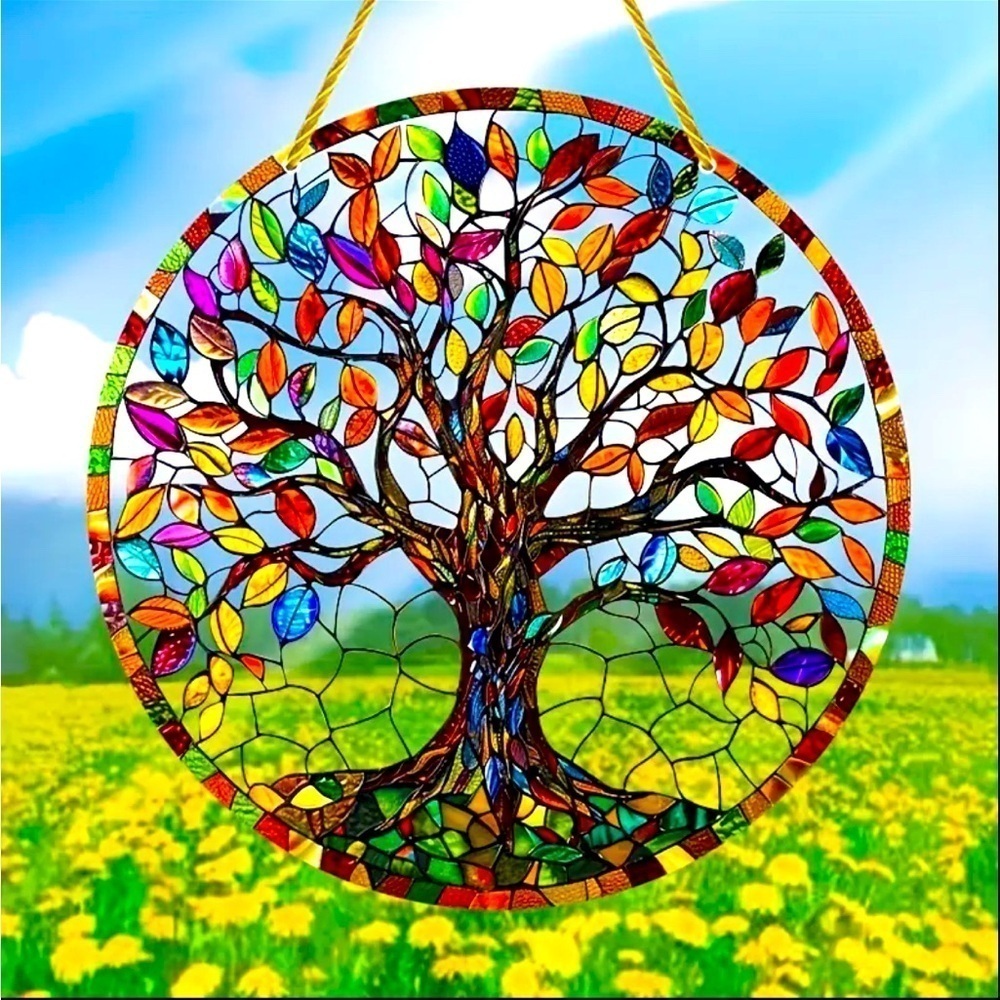 Tree of Life Sun Catcher - Colorful Acrylic Yard Sign Round Design 5.9"x5.9" NIP